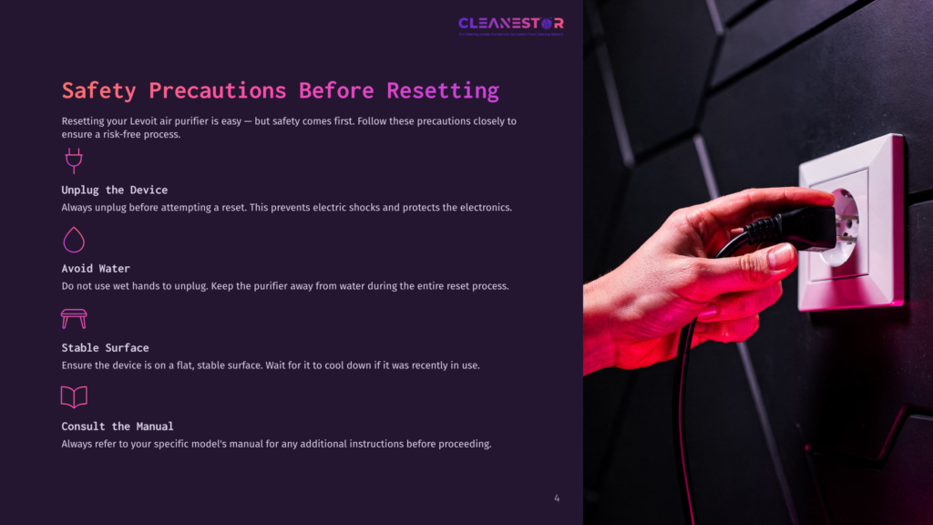 A Hand Unplugging A Levoit Air Purifier From A Wall Outlet, With Safety Precautions Listed In Text On A Purple Background.