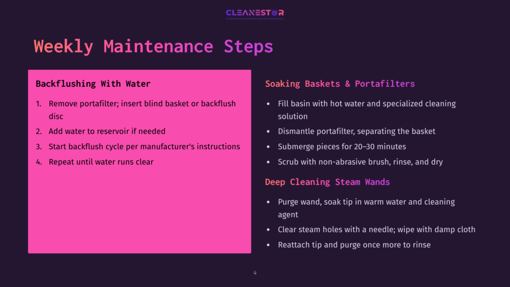 Weekly Maintenance Steps For Espresso Machines, Featuring A Pink Background With White And Purple Text, Detailing Cleaning Instructions.
