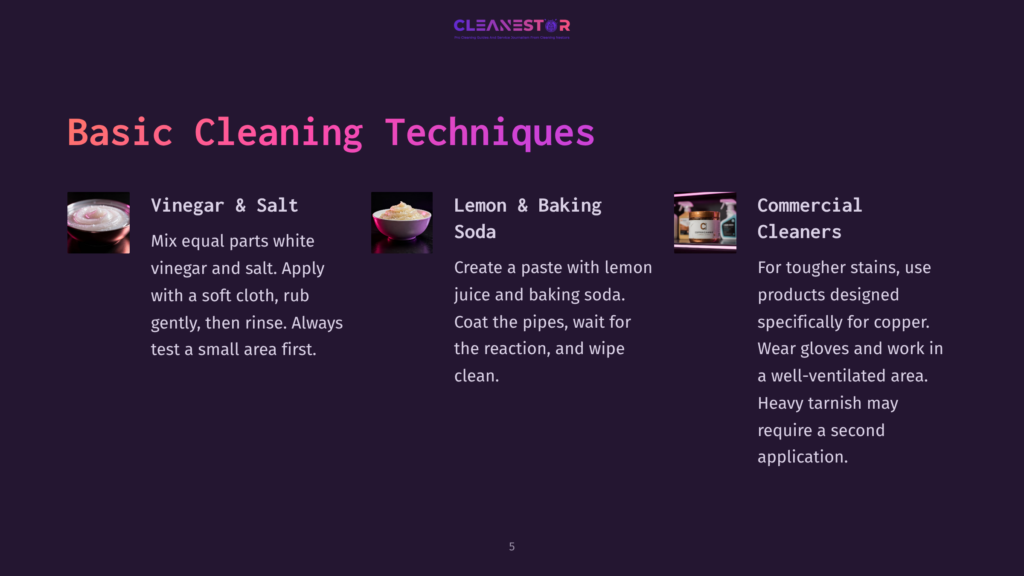 Instructions For Cleaning Copper Plumbing Pipes, Featuring Colored Text And Bowls Of Cleaning Mixtures On A Dark Background.