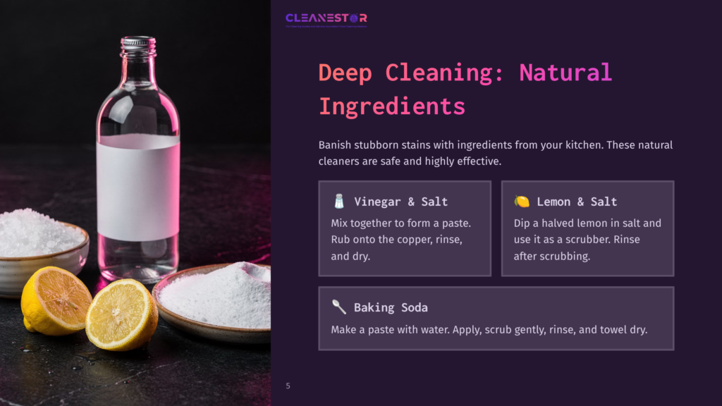 Clear Glass Bottle, Half-Filled With Liquid, Surrounded By Lemon Halves And Salt. Text Highlights Natural Cleaning Methods For Copper Mugs.