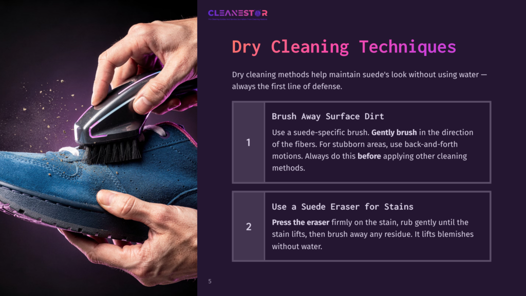5 Dry Cleaning Techniques A Person Using A Suede Brush On A Blue Sneaker, With Clear Text Outlining Dry Cleaning Techniques In A Visually Engaging Layout.