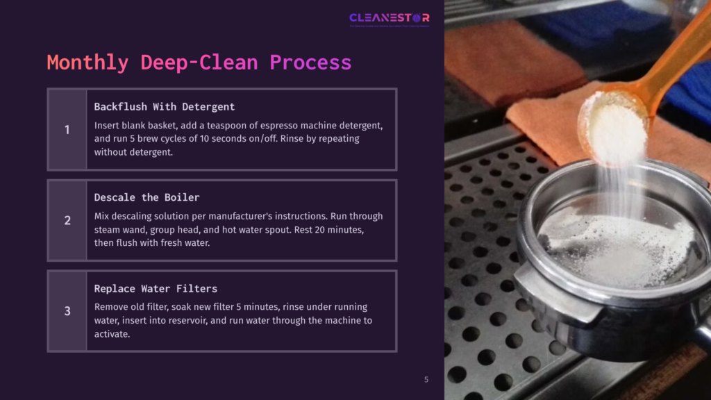 Close-Up Of A Metal Filter Basket Next To An Orange Microfiber Cloth, With Steam Wand And Water Reservoir Of An Espresso Machine Visible.