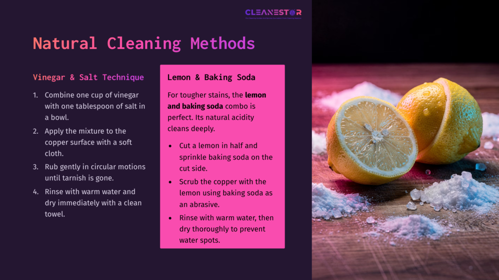 A Halved Lemon Rests Beside Coarse Salt On A Wooden Surface; A Bowl Of Cleaning Solution Nearby, With Text On Cleaning Copper Cookware.