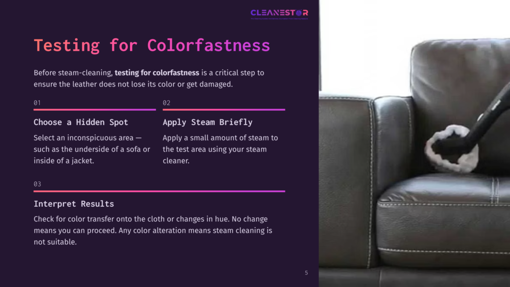 5 Testing For Colorfastness An Open Leather Jacket Reveals A Hidden Spot To Test For Colorfastness, Alongside A Steam Cleaner On A Black Leather Couch.