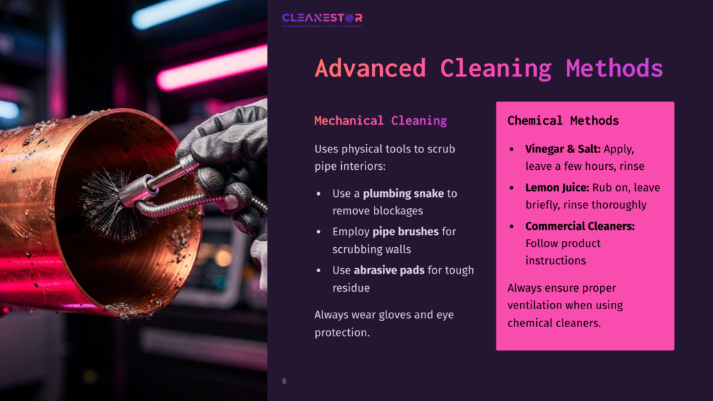 A Gloved Hand Scrubs The Interior Of A Copper Plumbing Pipe With A Brush, Surrounded By Cleaning Method Tips In Contrasting Purple And Pink Text.