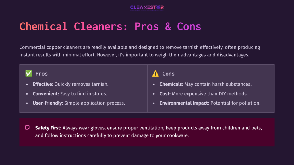 Infographic Highlighting Pros And Cons Of Chemical Cleaners For Copper Cookware, With A Purple Background And Bold Text For Key Points.