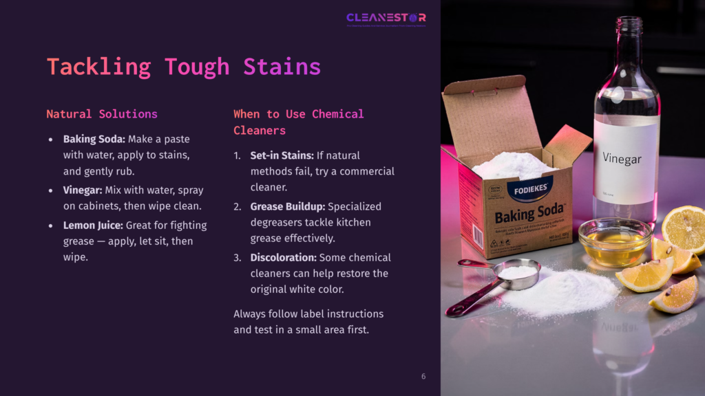 A Clean, Organized Layout Featuring Baking Soda, Vinegar, And Lemon Juice With A Box Of Baking Soda, Lemons, And Salt For Stain Removal.
