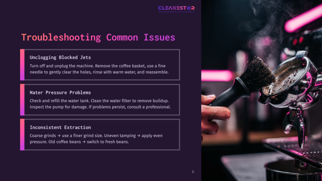 A Close-Up Of An Espresso Machine'S Portafilter With Ground Coffee, Alongside Troubleshooting Tips In Purple And White Text On A Dark Background.