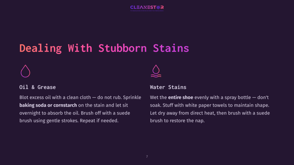 7 Dealing With Stubborn Stains Text On A Dark Purple Background Outlines Cleaning Methods For Suede Sneakers, With Sections On Oil, Grease, And Water Stains.
