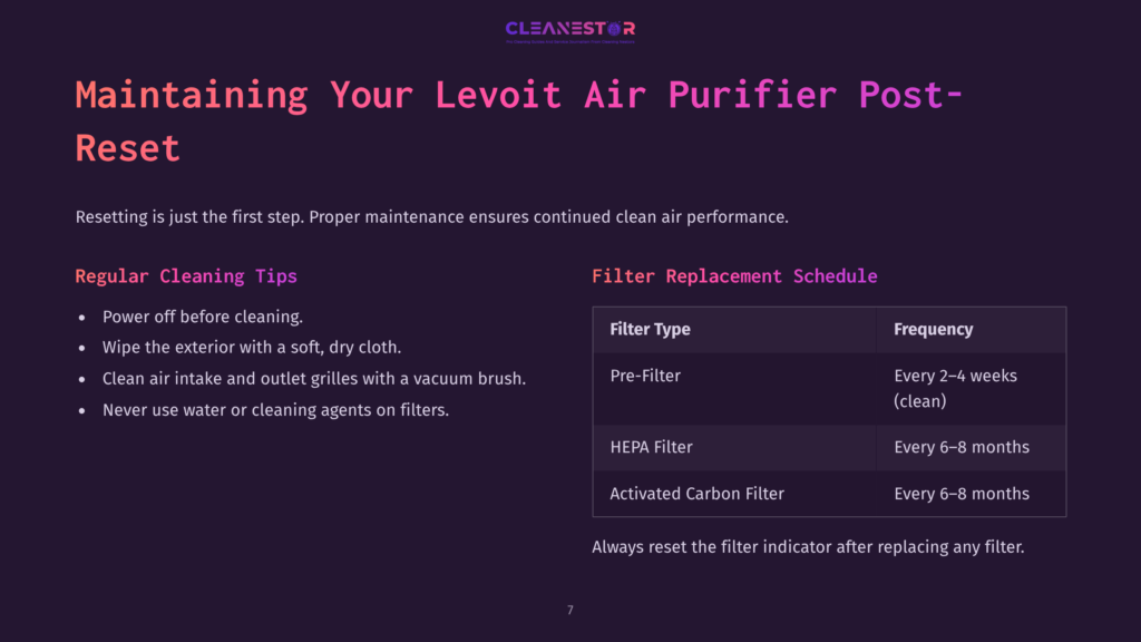 Text Outlines Regular Cleaning Tips And A Filter Replacement Schedule For An Air Purifier, Set Against A Dark Purple Background.