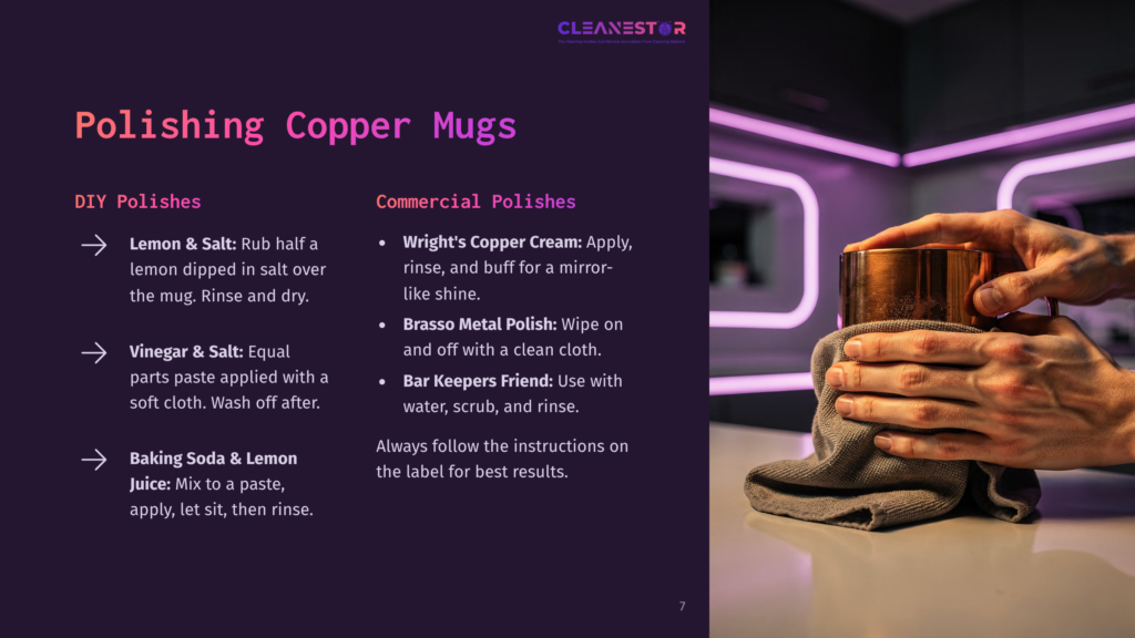 Hand Polishing A Copper Mug With A Cloth, Surrounded By Cleaning Supplies Labeled For Diy And Commercial Polishes On A Purple Backdrop.