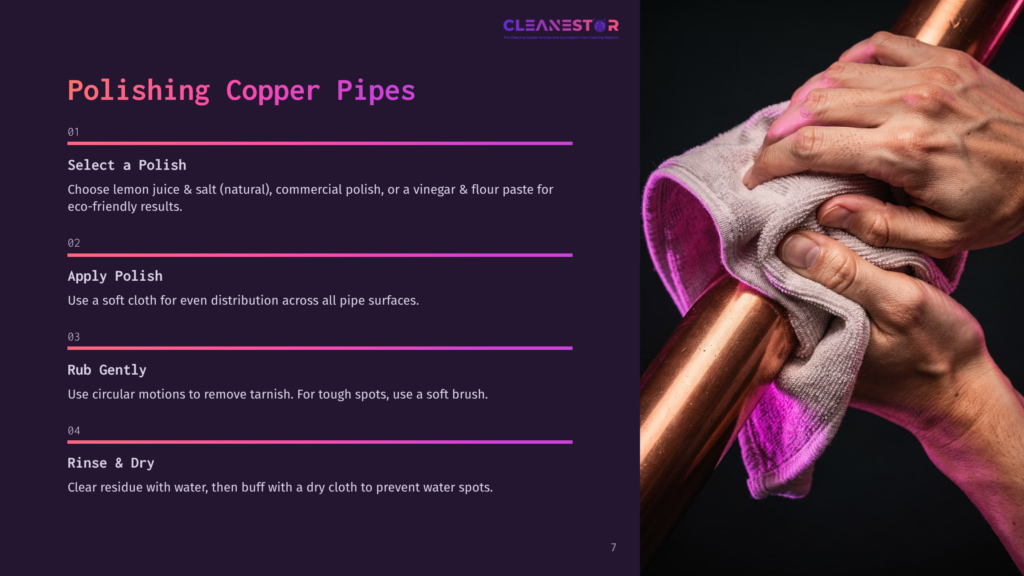 A Hand Polishing A Shiny Copper Pipe With A Cloth, Next To A Clear, Step-By-Step Guide For Cleaning Copper Plumbing Pipes.