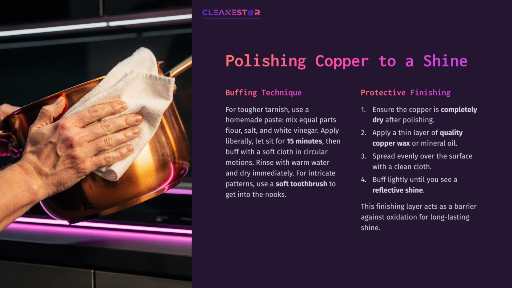 Copper Cookware Being Polished With A Cloth, Showcasing A Shiny Pan, While Tips For Cleaning Are Listed In Contrasting Text On The Right.