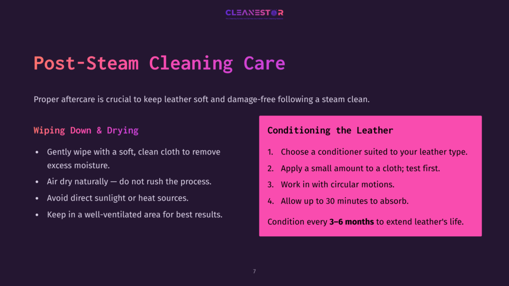 7 Post Steam Cleaning Care A Dark Purple Background With White And Pink Text Outlines Post-Steam Cleaning Care For Leather, Including Drying Methods And Conditioning Tips.
