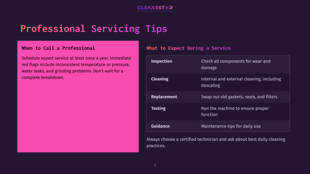 Bright Pink Box With &Quot;Call A Professional&Quot; Text On The Left, And A Dark Section On The Right Detailing Service Tips In White Text.