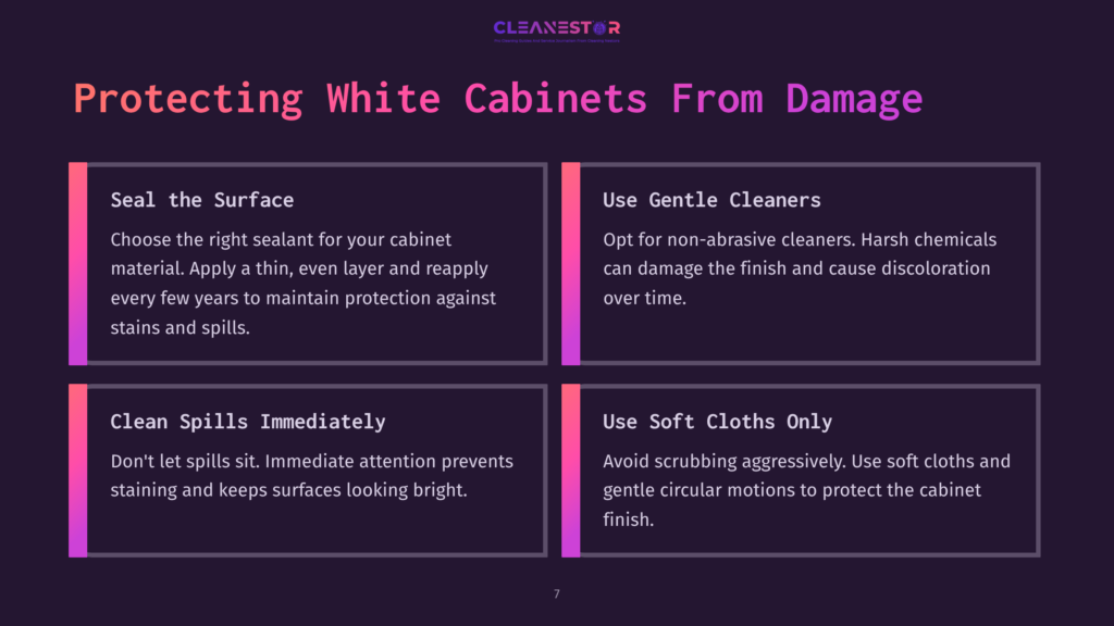 Graphic With A Dark Background Displaying Tips For Protecting White Cabinets, Including Advice On Sealing, Cleaning, And Maintenance.