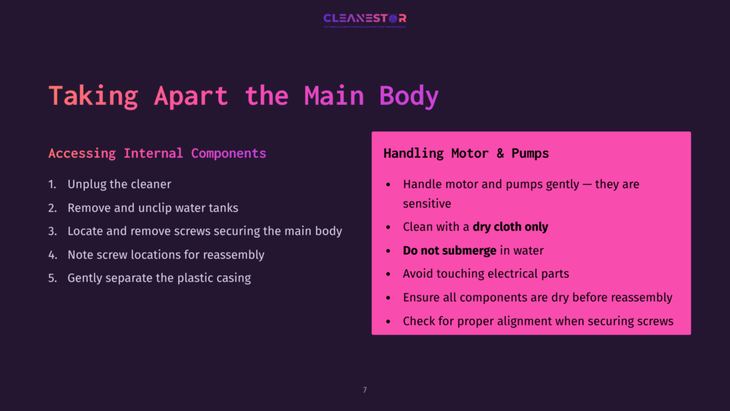Instructional Slide Featuring A Purple Background With White Text And A Pink Highlighted Section Detailing Steps To Handle A Carpet Cleaner'S Motor And Pumps.