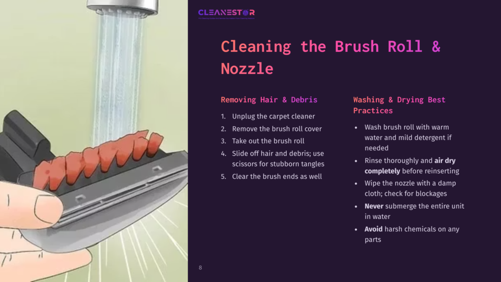 A Person’s Hand Holds A Brush Roll Being Rinsed Under Running Water, With Steps For Cleaning Hair And Debris Listed Beside It.