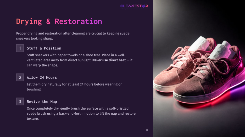 8 Drying And Restoration Pink Suede Sneakers With A Gradient Sole Resting On A Dark Surface, Accompanied By Text Instructions On Drying And Restoring Suede.