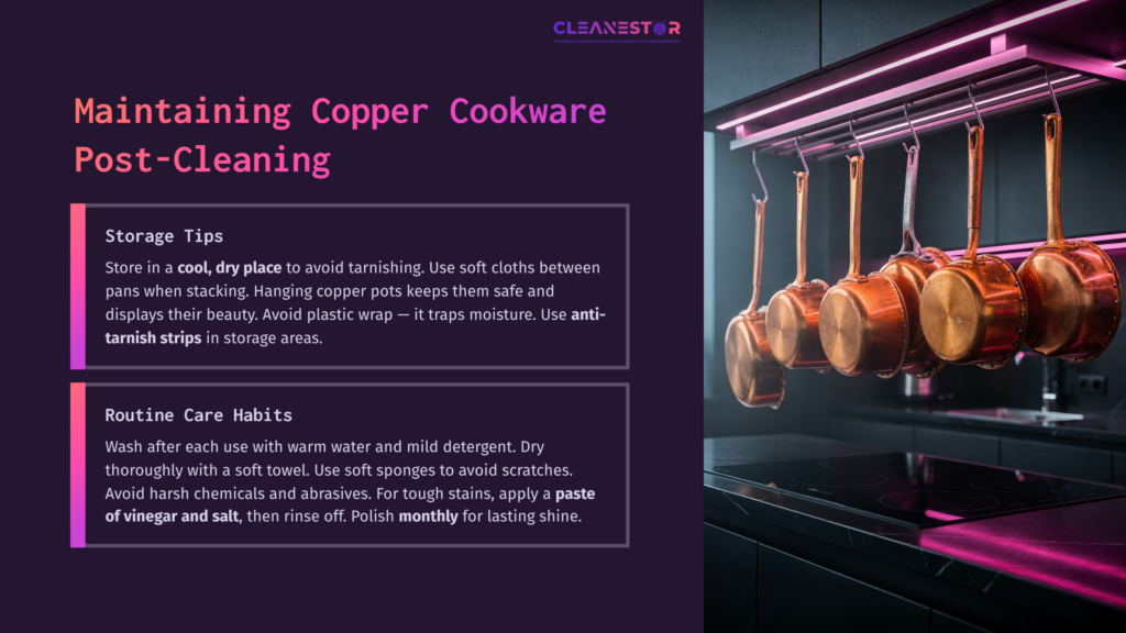 Copper Cookware Hanging On A Rack, With Soft Cloths And Cleaning Tips Presented In A Dark Layout, Emphasizing Maintenance And Care.