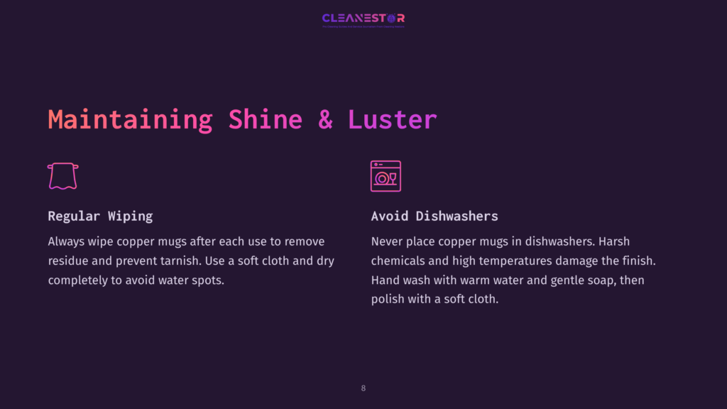 Text On A Dark Purple Background Discusses Cleaning Tips For Copper Mugs, Including Washing Methods And Warnings Against Dishwashers.