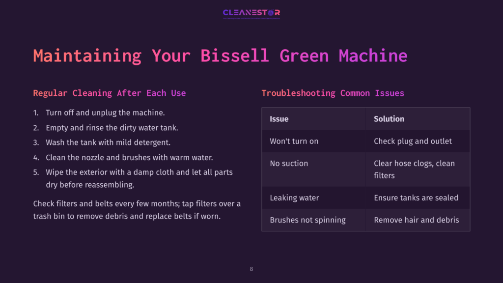 Instructions For Maintaining A Bissell Green Machine, Featuring Two Sections: Cleaning Steps And Troubleshooting Common Issues, With Bullet Points Highlighted.