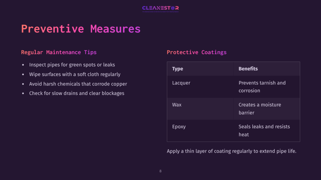 Text On A Dark Background Outlines Preventive Measures For Copper Plumbing. Key Sections Highlight Maintenance Tips And Protective Coatings.