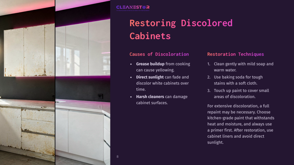 Modern Kitchen Space With White Cabinets Showing Discoloration, Pink Led Lighting, And Notes On Cleaning Techniques And Causes.