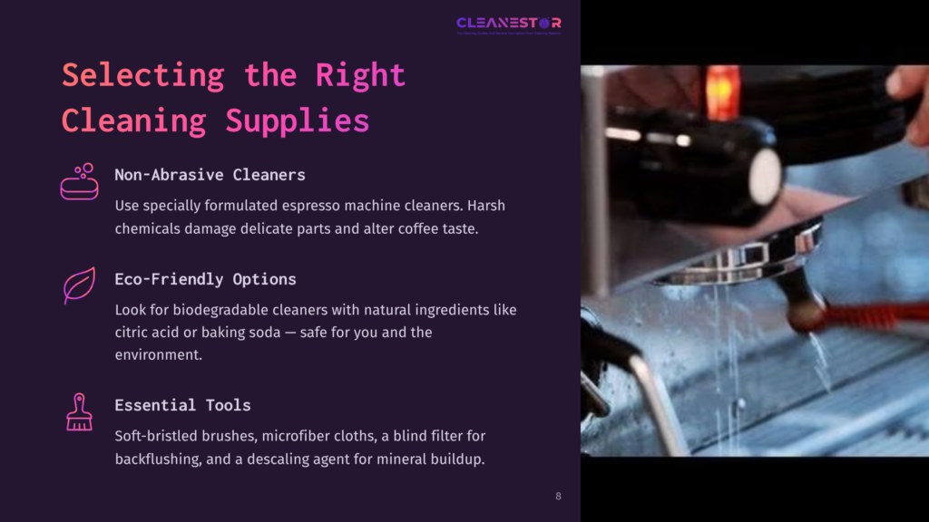 A Close-Up Of An Espresso Machine'S Steam Wand, Alongside A List Of Cleaning Supplies And Tools In Purple Text On A Contrasting Background.
