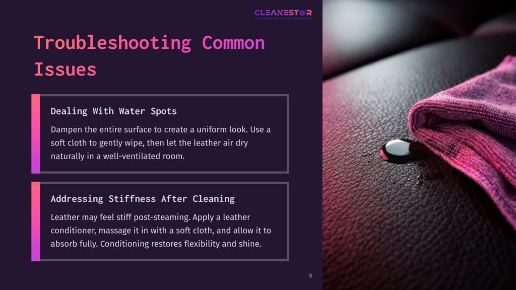 8 Troubleshooting Common Issues Close-Up Of A Leather Surface With A Water Droplet And A Purple Cloth; Tips For Removing Water Spots And Conditioning Leather Are Outlined.