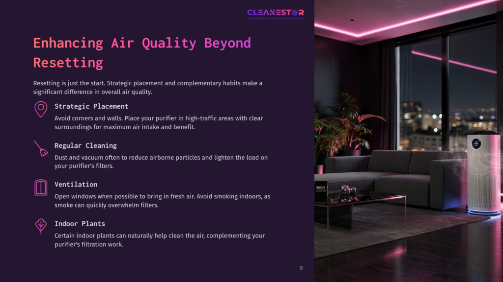 A Modern Living Room With A Levoit Air Purifier, Accent Lighting, And A Comfortable Sofa, Featuring Tips For Improving Air Quality.