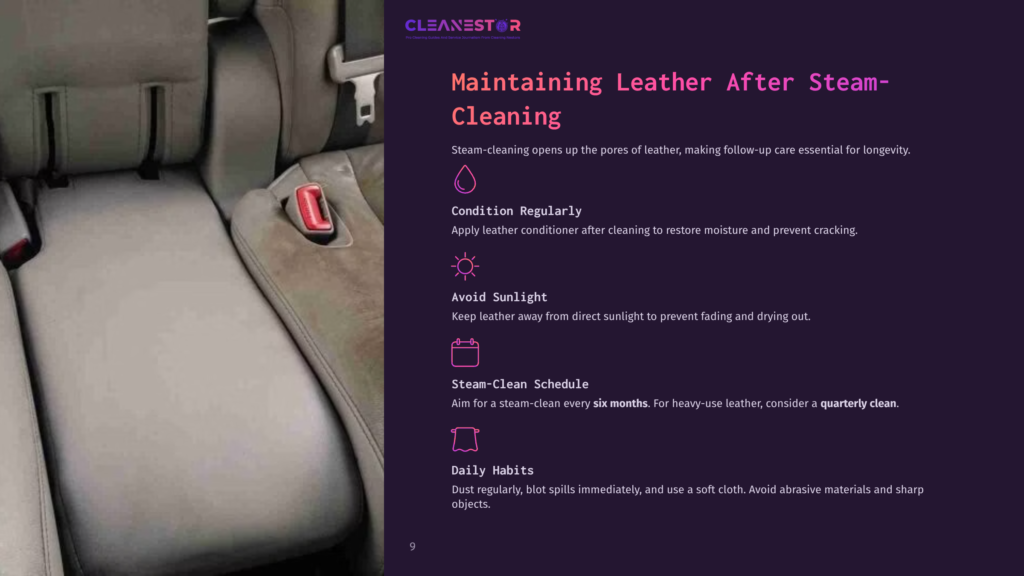 9 Maintaining Leather After Steam Cleaning Close-Up Of A Leather Car Seat, Showcasing Faded And Stained Sections, With A Red Seatbelt And Maintenance Tips Overlaid In Purple Text.