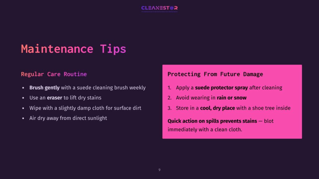9 Maintenance Tips Text On A Dark Background Detailing Maintenance Tips For Suede Sneakers, With A Pink Accent And A List Of Care Instructions.