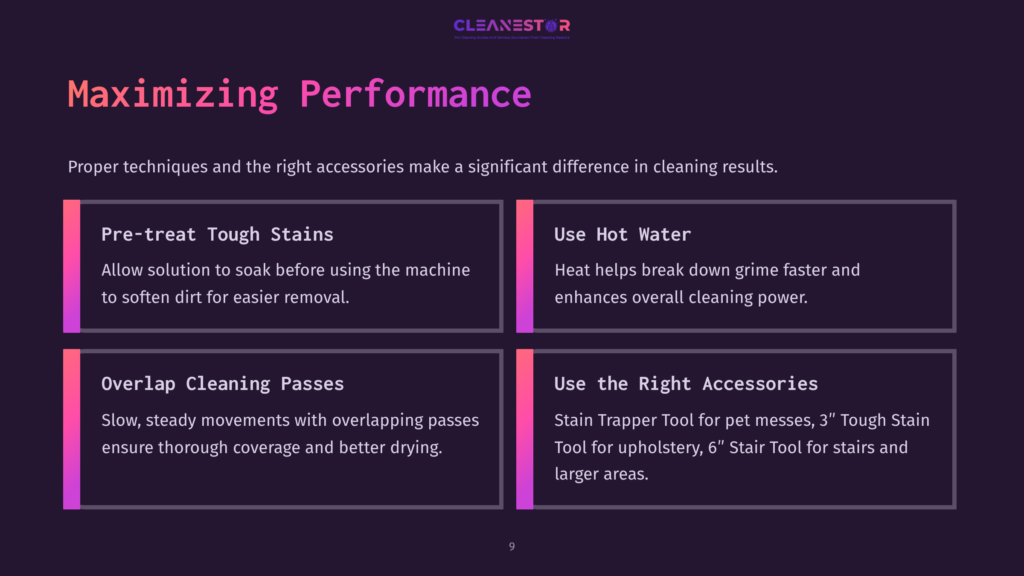 Four Quadrants With Tips For Using A Bissell Green Machine, Featuring Bold Headers In Purple And White Text On A Dark Background.