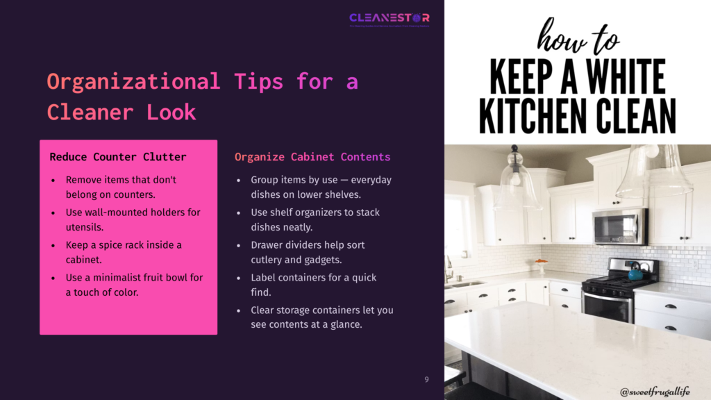 Kitchen Scene Featuring White Cabinets, A Spacious Countertop, And A Pink Organizational Tips Section, Emphasizing Clutter Reduction And Organization.