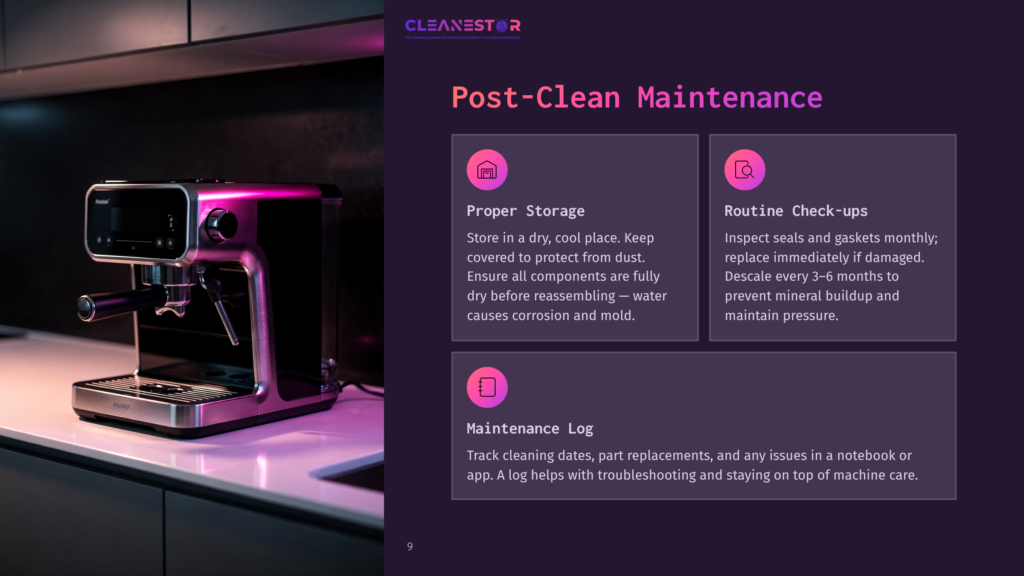 A Sleek, Modern Espresso Machine In A Well-Lit Kitchen, Accompanied By Sections On Maintenance Tips In Vibrant Purple And Pink Boxes.