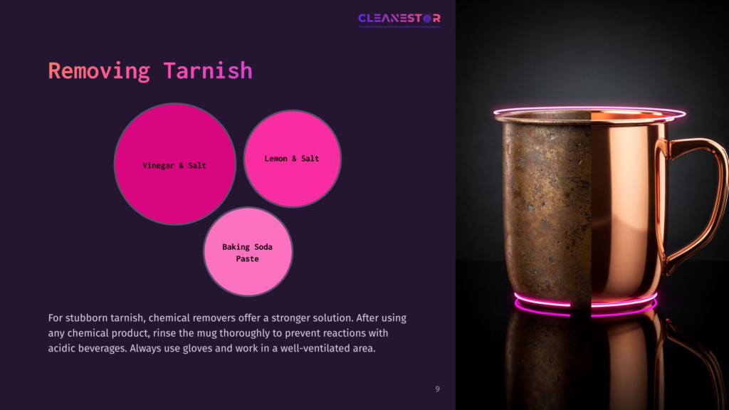 A Tarnished Copper Mug Is Displayed On A Dark Background With Pink Circles Highlighting Cleaning Methods: Vinegar, Lemon, Salt, And Baking Soda Paste.