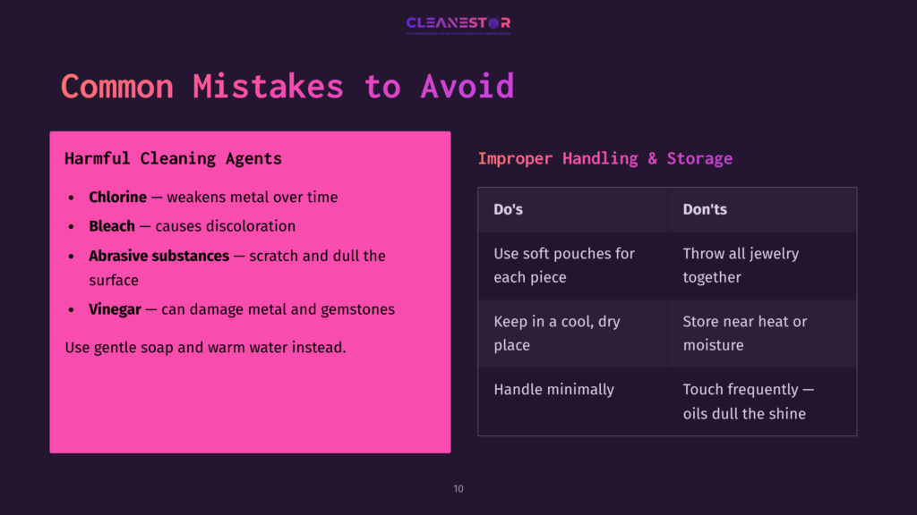 List Of Common Mistakes To Avoid When Cleaning White Gold, With Sections On Harmful Agents And Improper Handling/Storage, Highlighted In Pink And Purple.