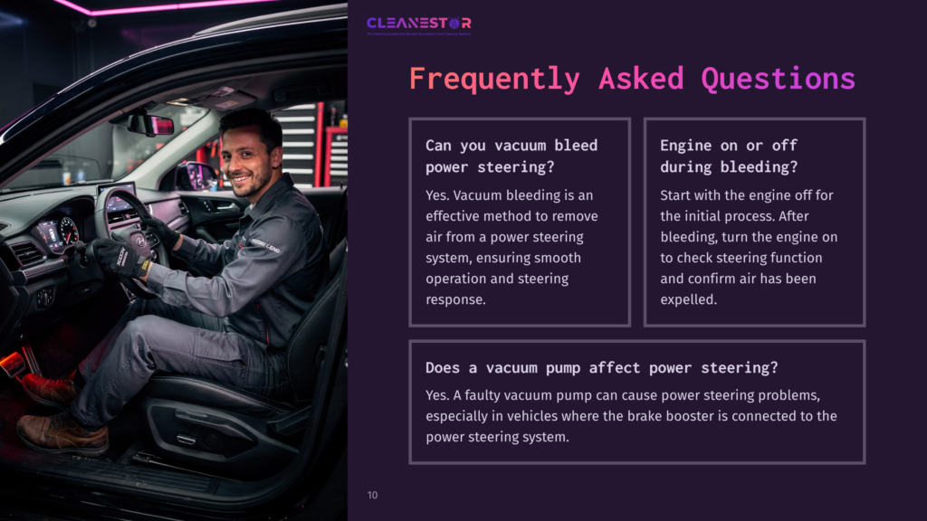 A Mechanic Sitting In A Car, Smiling While Working On The Interior, With A Dark Purple Sidebar Featuring Frequently Asked Questions.