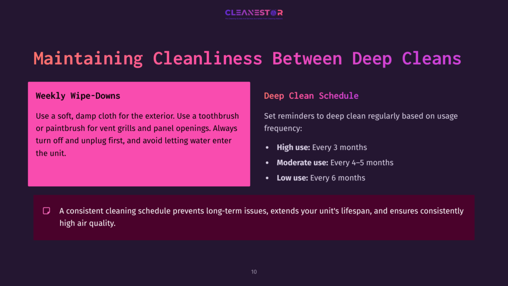 10 Maintaining Cleanliness Between Deep Cleans Weekly Cleaning Tips Highlighted In Pink Against A Dark Background, With Reminders For Deep Cleaning Schedules In Various Frequency Categories.