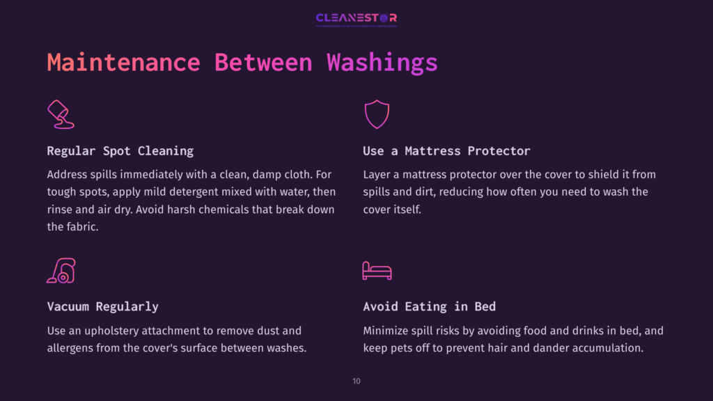 Dark Purple Background With White And Pink Text Outlining Mattress Care Tips, Including Cleaning, Using A Protector, And Vacuuming Regularity.