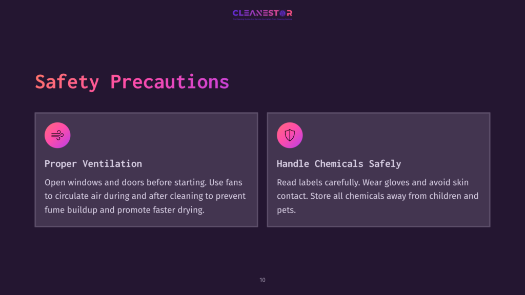 Two Panels On A Dark Background: Left Panel Lists &Quot;Proper Ventilation&Quot; With Pink Text; Right Panel Features &Quot;Handle Chemicals Safely&Quot; With A Shield Icon.