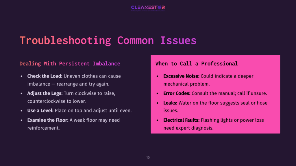 Troubleshooting Guide With Purple Background, Listing Tips For Dealing With Washing Machine Imbalances And When To Call A Professional.