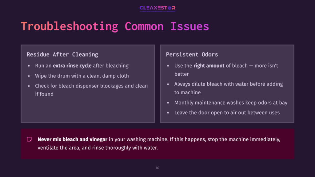 A Slide With A Purple Background Featuring Two Sections: &Quot;Rescue After Cleaning&Quot; With White Text And Bullet Points On Cleaning Tips, And &Quot;Persistent Odors&Quot; With Similar Formatting, Highlighting Bleach Use.