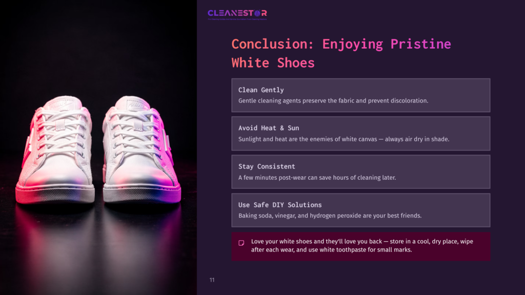 A Pair Of Clean White Canvas Shoes With Pink And Purple Lighting, Accompanied By Tips For Maintaining Their Color And Condition.