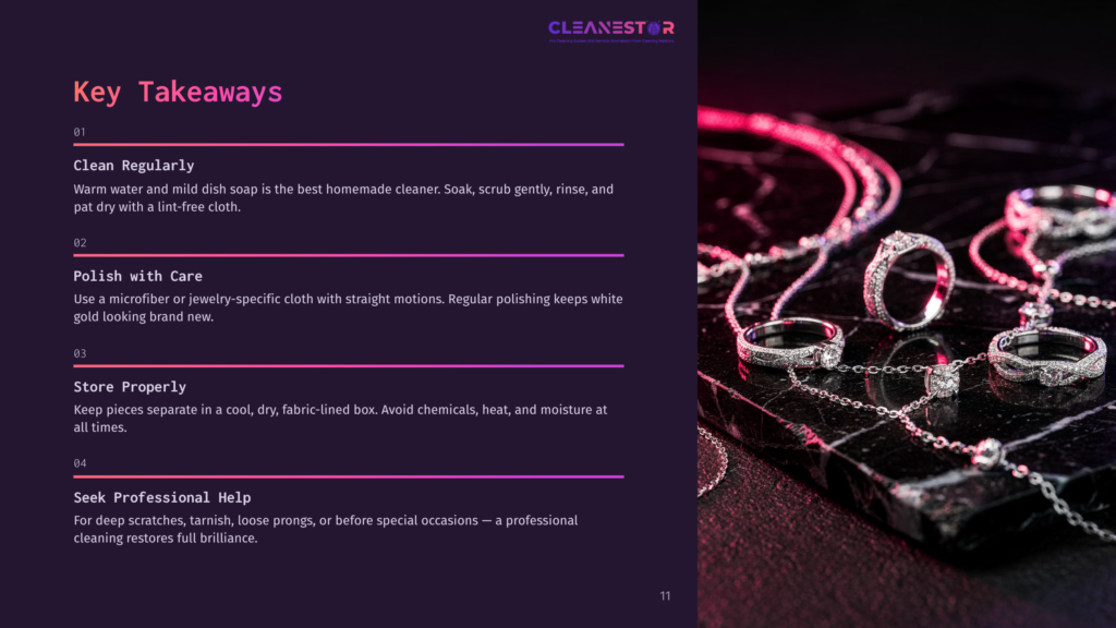 A Collection Of Silver And White Gold Jewelry, Including Rings And Necklaces, Displayed On A Dark Surface With A Pink And Purple Glow.