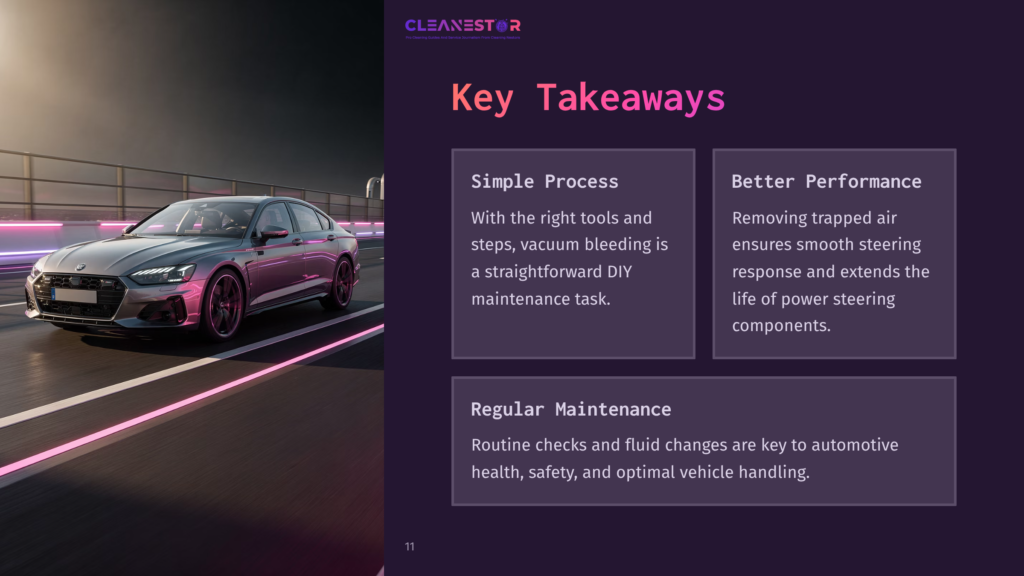 A Silver Car On A Road With Colorful Neon Lights, Accompanied By Key Points About Vacuum Bleeding Power Steering Maintenance.