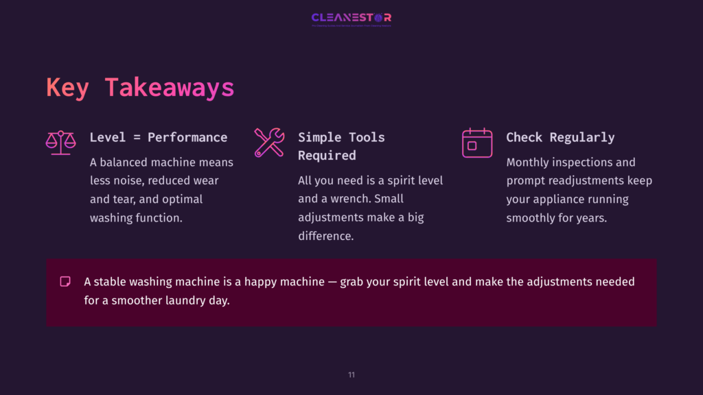 Graphic With A Dark Background Featuring Bold Text Highlights About Washing Machine Leveling, Including Icons For Tools And Maintenance Tips.