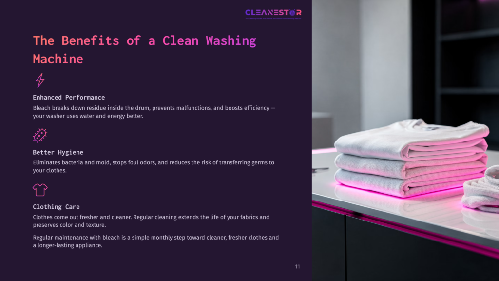 A Stack Of Freshly Folded White Towels On A Counter With Pink Lighting, Alongside Text Highlighting Washing Machine Benefits.