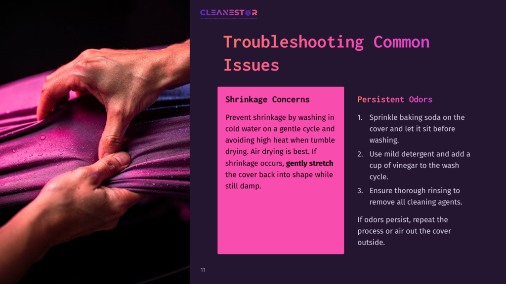 A Person Carefully Stretching A Damp Mattress Cover In Shades Of Purple And Black, With Troubleshooting Tips For Washing It Presented On The Right.